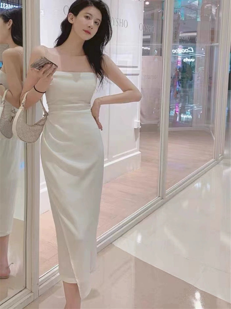 Satin chain suspender dress French waist high-end slit irregular skirt R1497