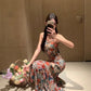 Retro floral suspender dress beautiful waist hip skirt R0657