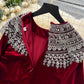 French style sequined beaded round neck long sleeve velvet dress loose slim slit long skirt R2235