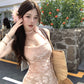 Pink floral suspender dress, beautiful waist, slim fit, hip fishtail skirt R0631