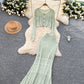 French style gentle hollow knitted cardigan jacket + slim hip fishtail skirt two-piece suit R2236