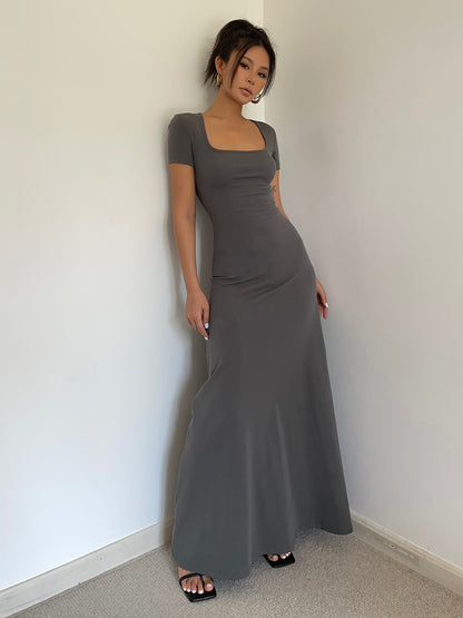 Summer French Square Neck Dress Slim Fit Short Sleeves Knee-Length Temperament Long Dress R3028