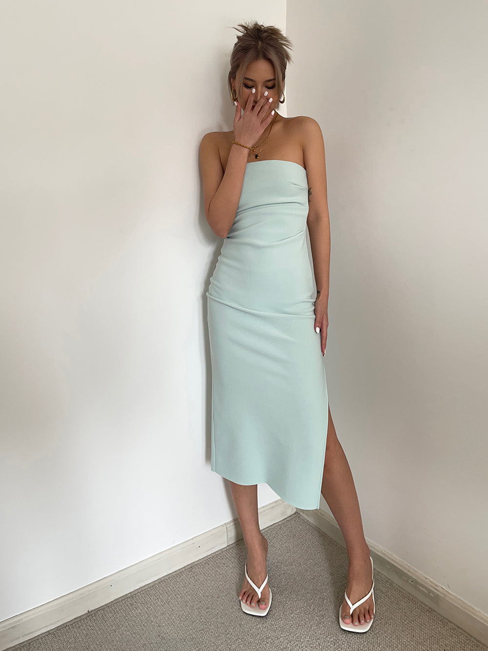Hot girl sexy slit tube top dress slim fit medium length hip waist dress high-end long skirt R3037