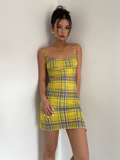 Show body American hot girl sexy yellow plaid soft a-line suspender skirt holiday dress R3033