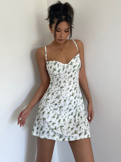 European and American style low-cut backless sexy suspender floral dress high waist slim A-line hip skirt R3038