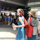 Retro blue v-neck floral vest dress with beautiful temperament and waist A-line short skirt R0642