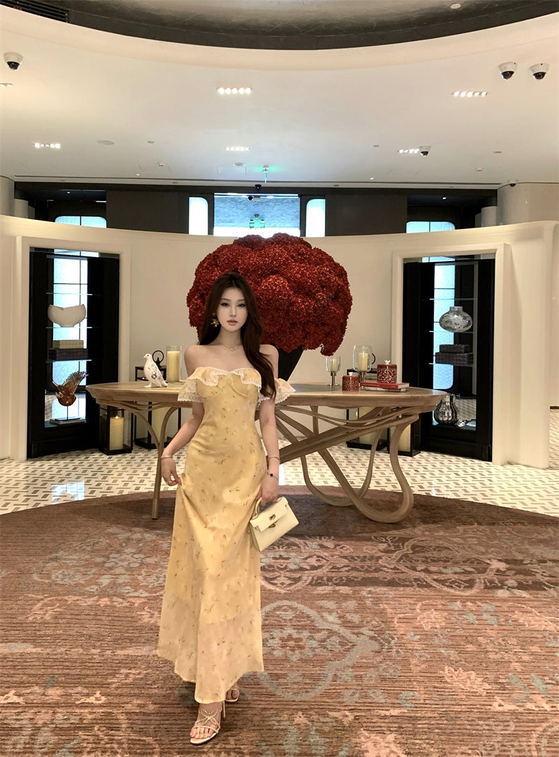 Beautiful little skirt gentle style floral yellow long skirt 2025 dress R0890