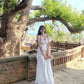 Holiday style outfit gentle temperament white halter neck top a-line skirt two-piece suit R0866