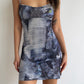 Newspaper mesh suspender short skirt hot girl hip-hugging figure dress European and American style R3041