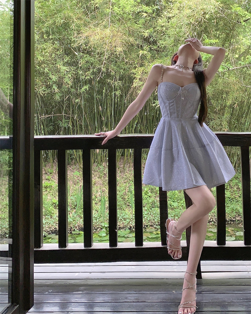 Sequined suspender dress sexy high waist slim V-neck temperament party dress R1494