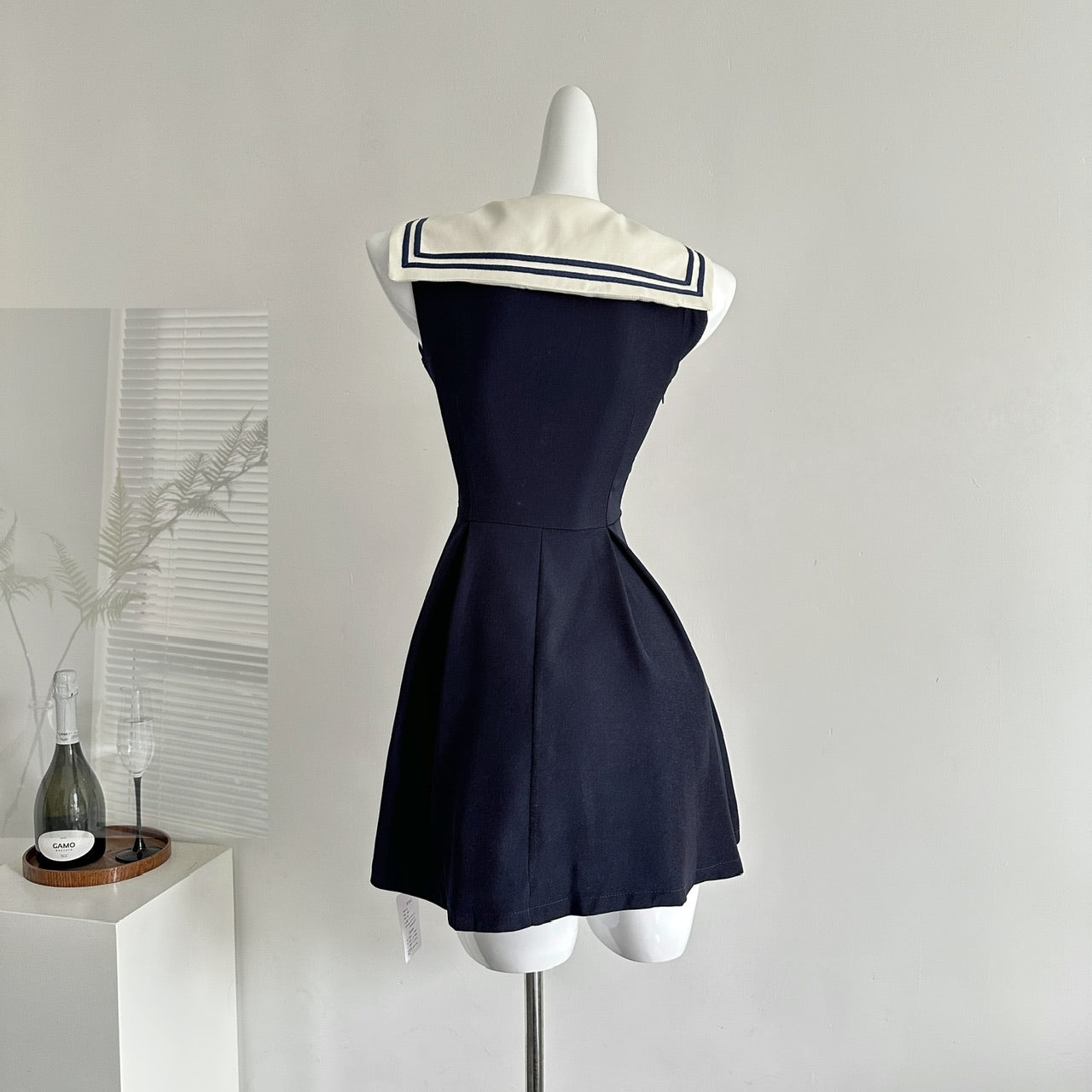 Navy Collar Cotton Ruffle Sleeveless Dress R2044