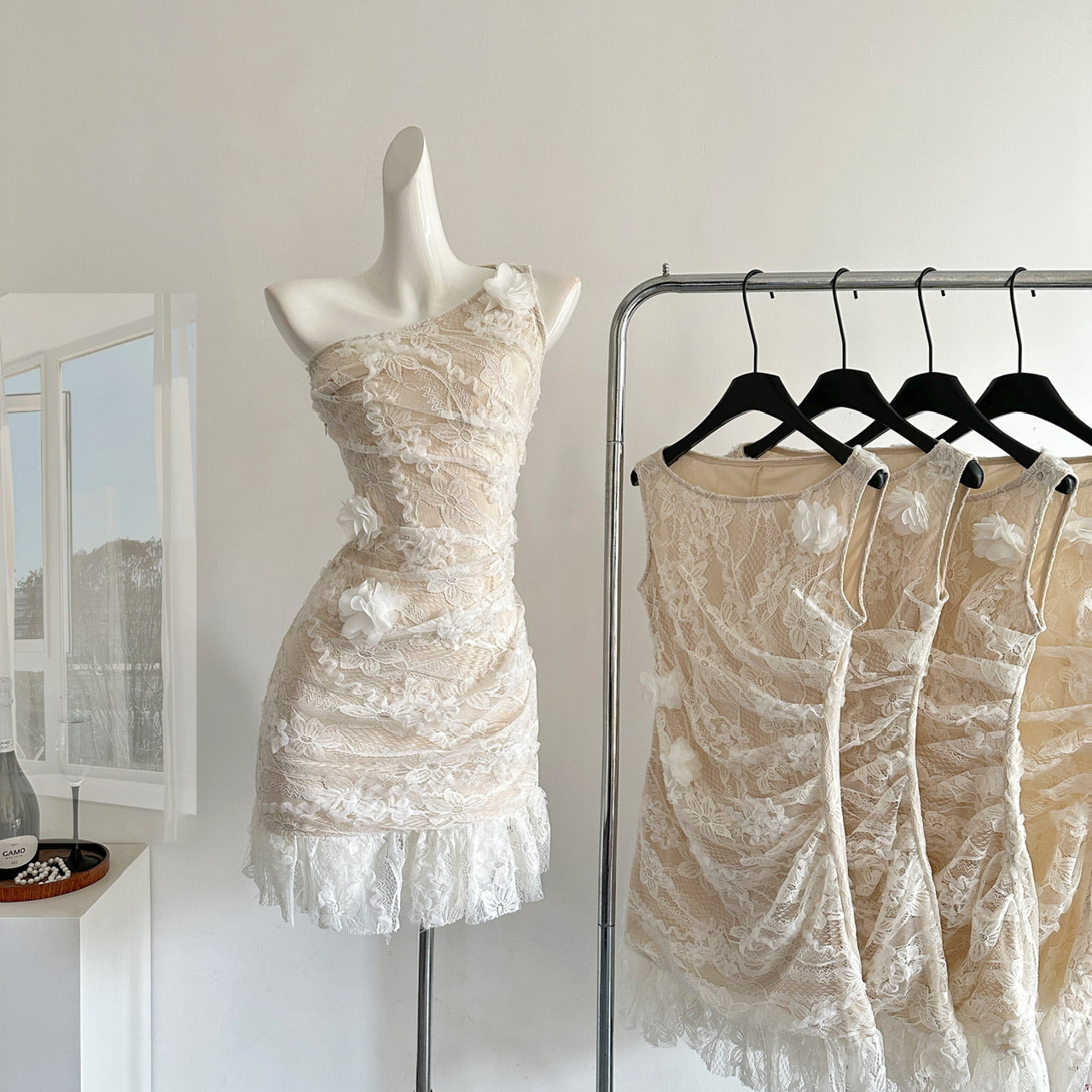 Exclusive handmade three-dimensional flower waist slimming hip dress R2045