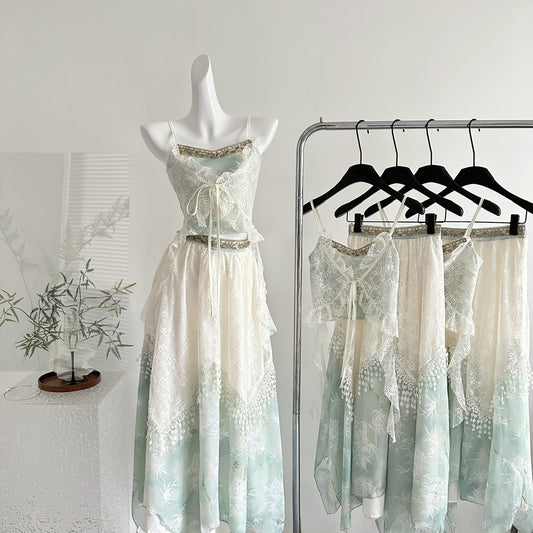 Embroidered Moon Exotic Style Fake Two-Piece Embroidered Suspender Lace Layered Skirt R2047