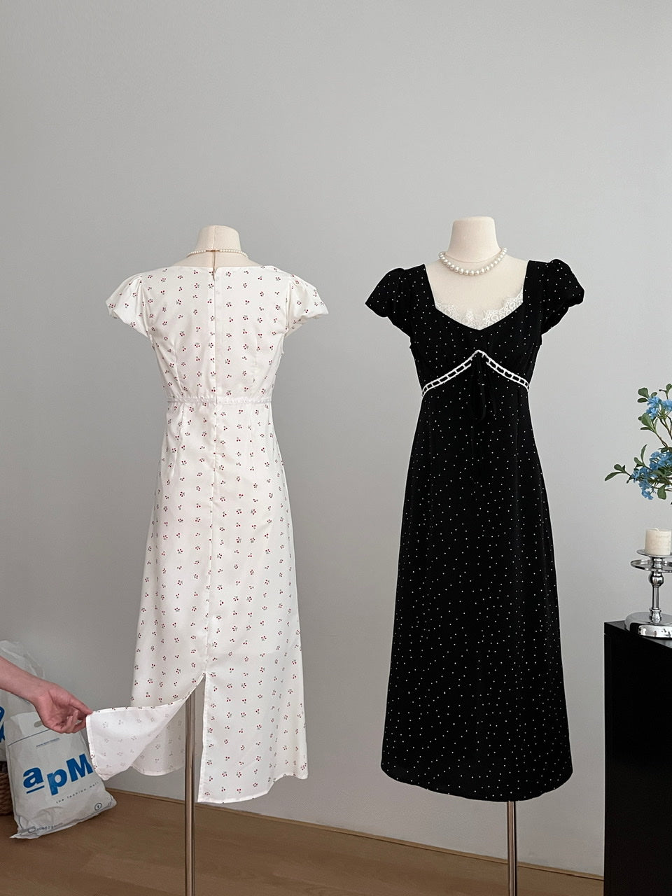 Neckline lace polka dot long skirt French style waist slimming skirt R2048