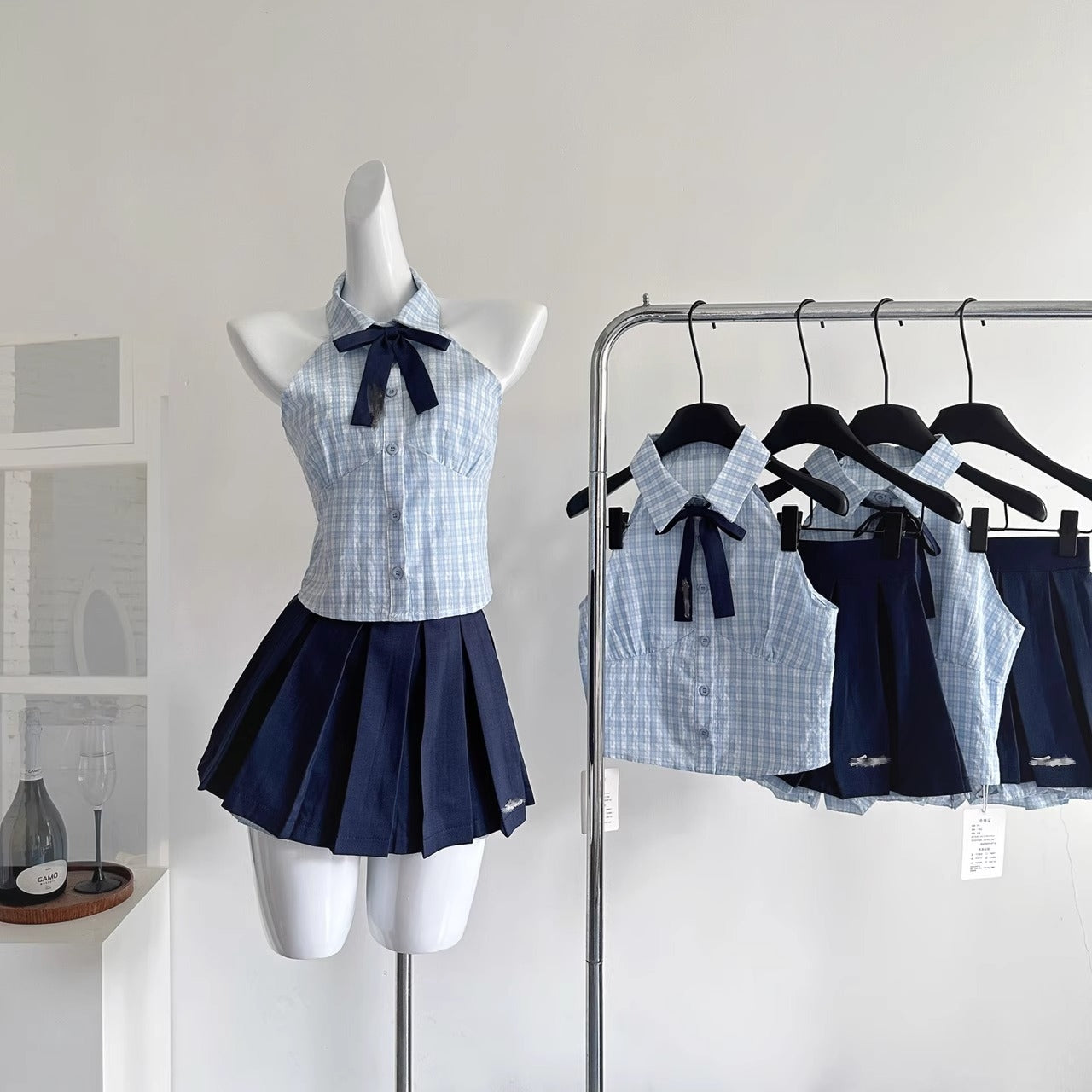 Senior sister summer niche sweet hot girl plaid halterneck suit R2046