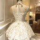 Lace bow strapless dress, summer dress, waist cinched princess puffy short skirt, homecoming dress R2994