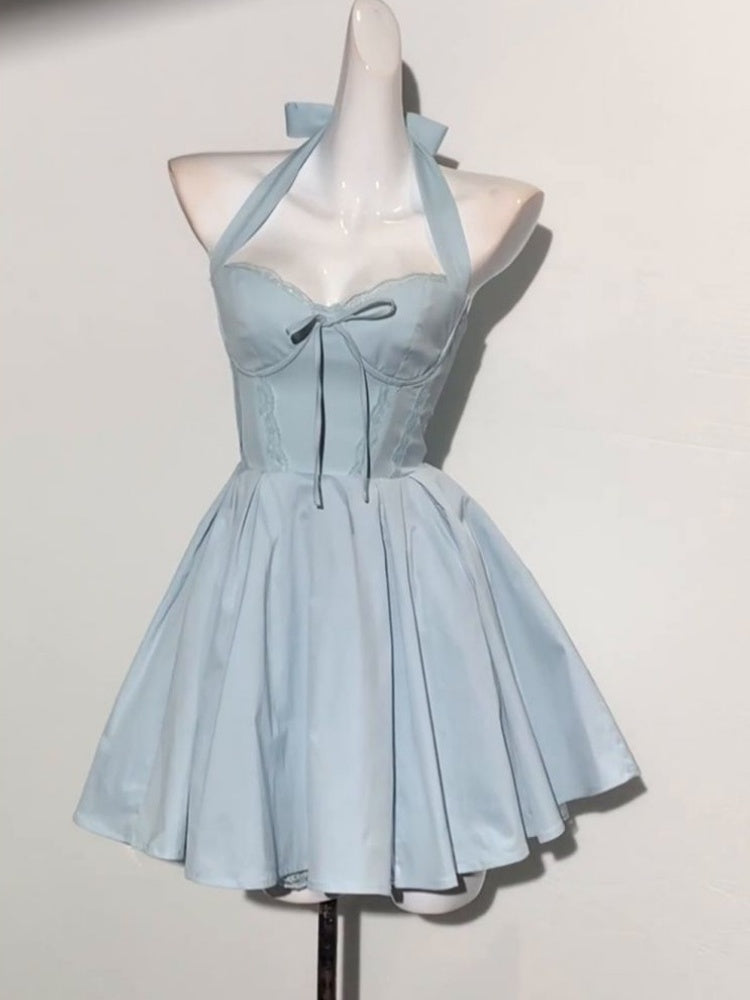 Summer Butterfly Dew Back Small Skirt Blue Hanging Neck Waist Dress 2025 New Homecoming Dress R2995