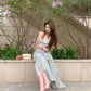 Green floral suspender dress gentle temperament waist small skirt R0578