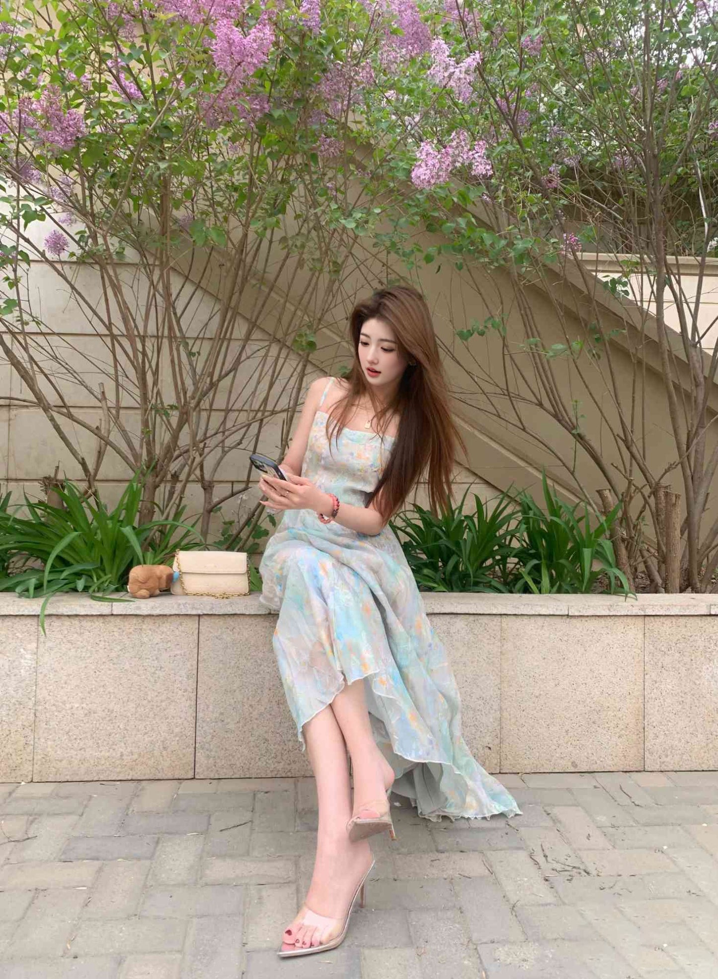 Green floral suspender dress gentle temperament waist small skirt R0578