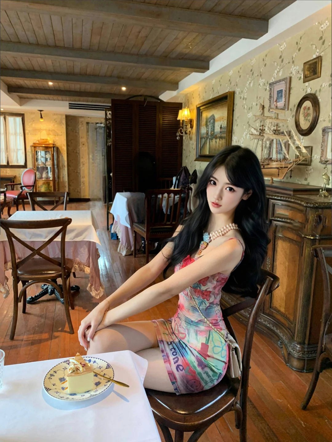 Sexy slim waist suspender dress beautiful printed hip skirt R0577