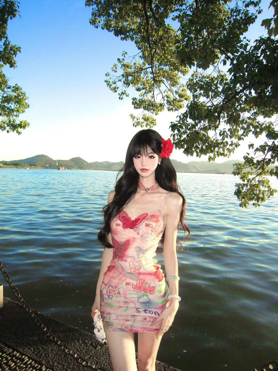 Sexy Slim Hip-hugging Suspender Dress Oil Painting Graffiti Butterfly Dress R0575