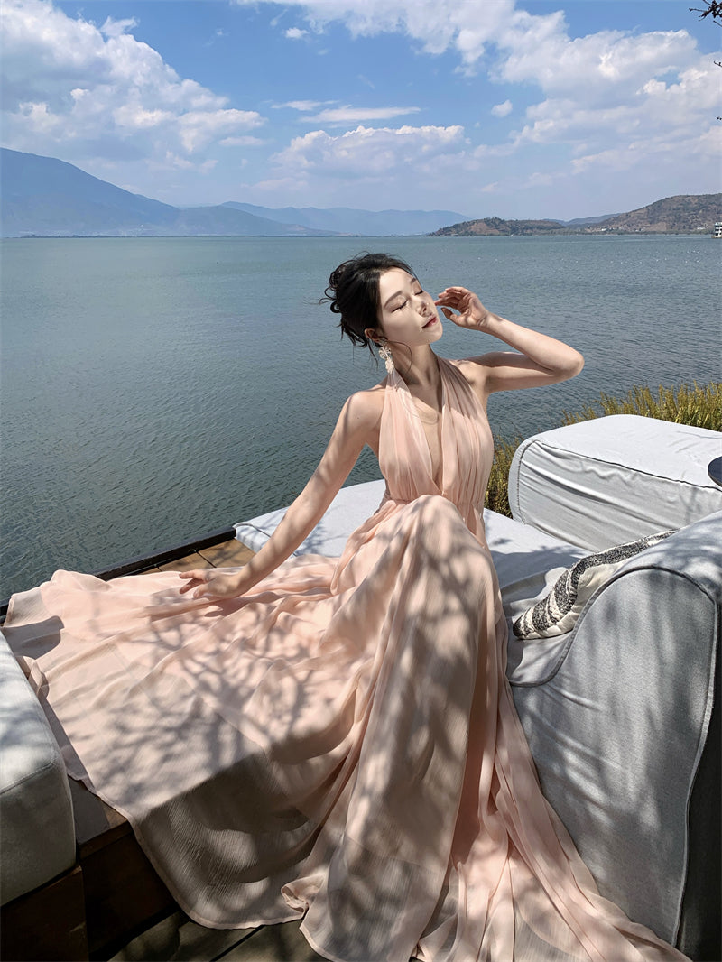 Gentle temperament V-neck halter dress unique waist A-line beach dress R0576