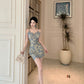 Blue suspender dress, sexy waist, slim hip skirt R0579