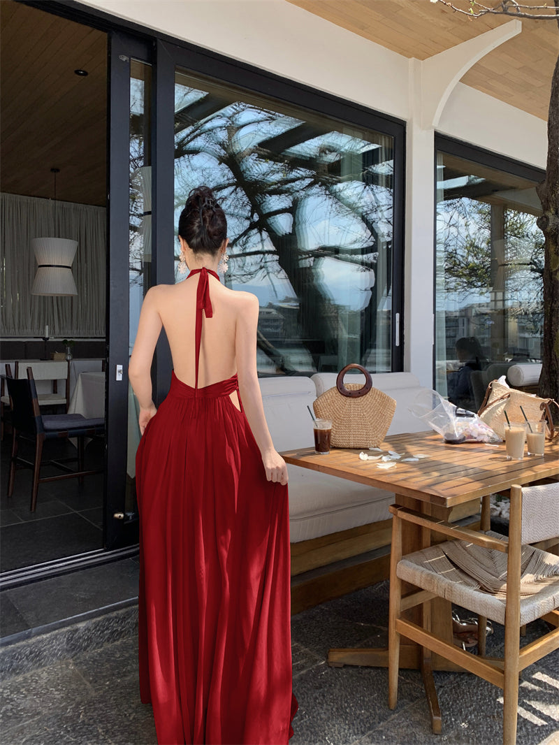 Gentle temperament V-neck halter dress unique waist A-line beach dress R0576