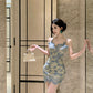 Blue suspender dress, sexy waist, slim hip skirt R0579