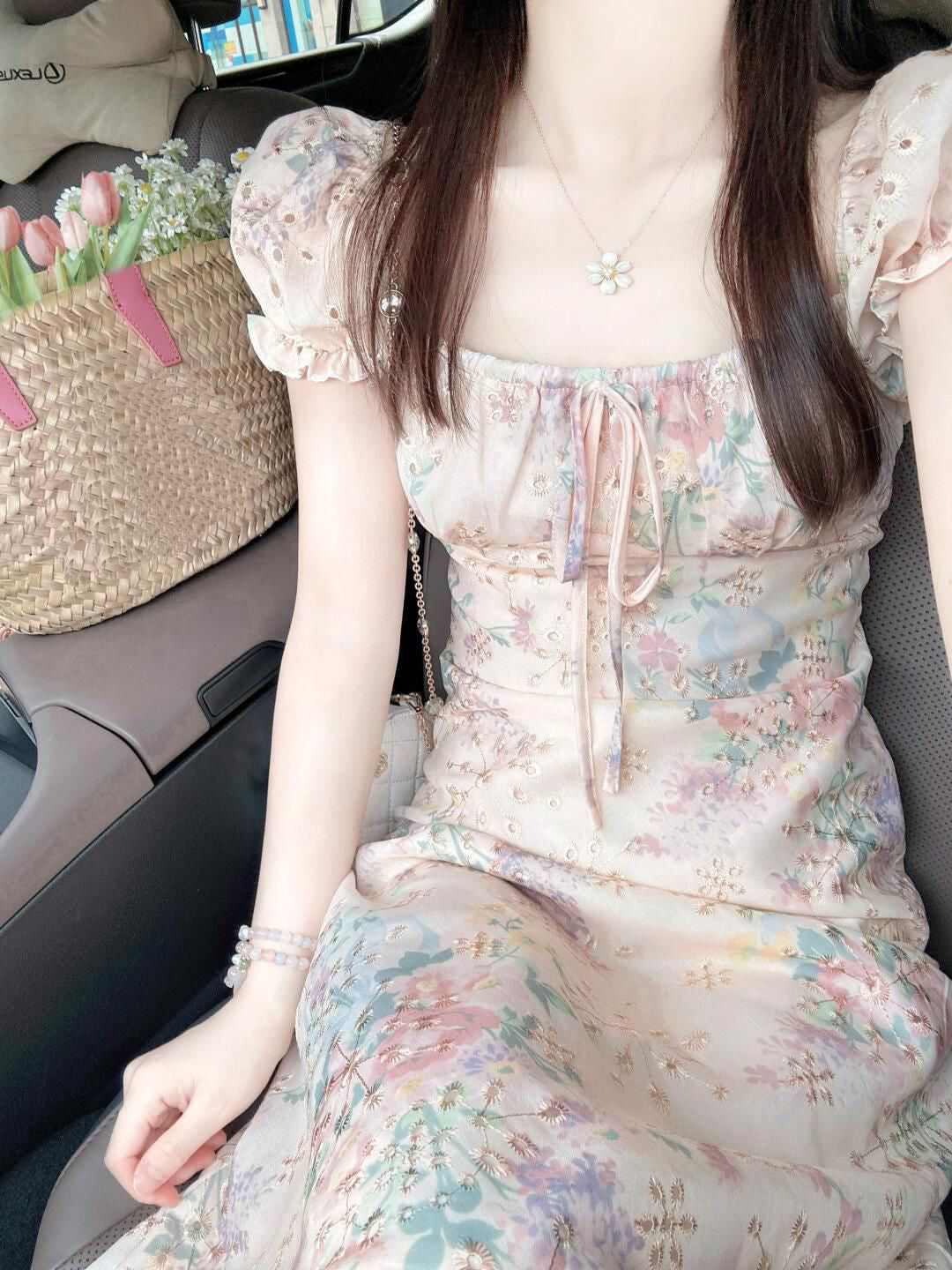 Beautiful puff sleeve floral dress gentle style temperament long skirt R0761