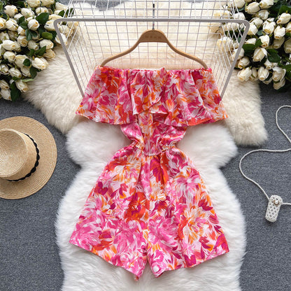 Floral jumpsuit summer ruffled one-shoulder slimming off-shoulder waist wide-leg shorts R2308