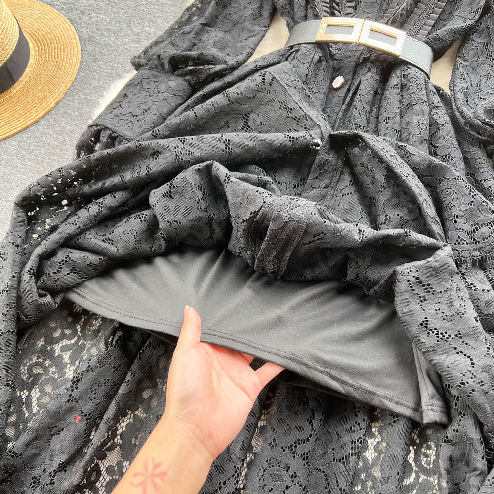 New style lapel heavy hook flower hollow French lace dress sexy long skirt R2306