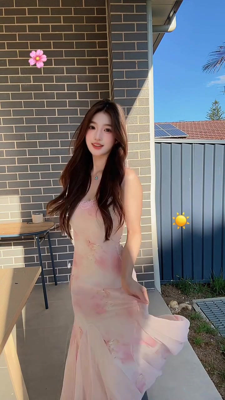 Sexy floral suspender dress mesh beautiful waist slim hip fishtail skirt R0513