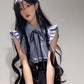 Suit gentle temperament beautiful blue shirt flower bud shorts two-piece suit R0824