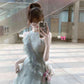Gentle temperament ruffled sleeveless halter dress unique waist A-line short skirt R0493