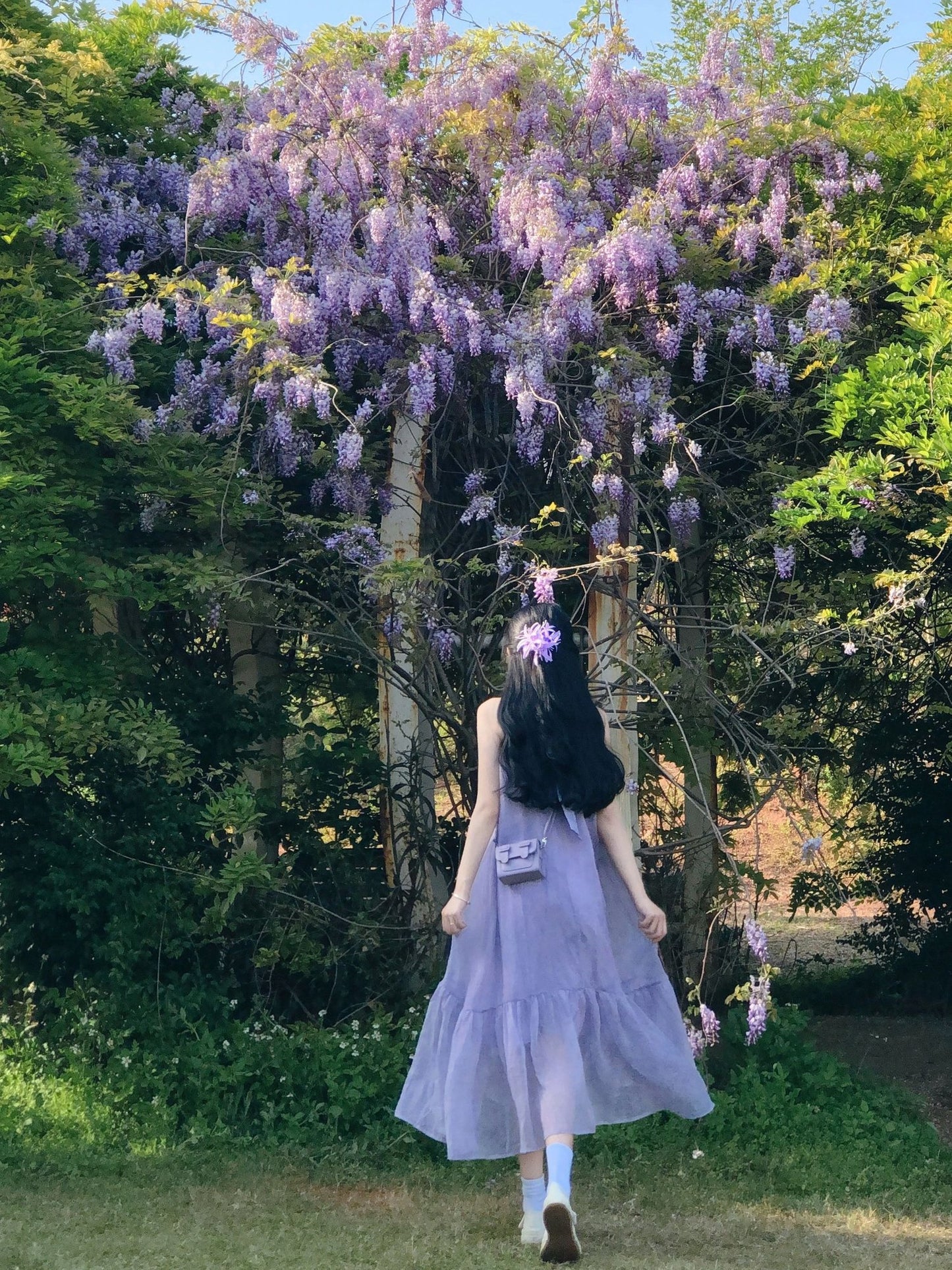 Atmosphere small skirt gentle temperament A-line long skirt purple halter neck dress R0671