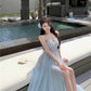 Blue V-neck suspender dress beautiful gentle temperament small skirt R0669