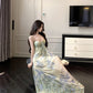 Green floral suspender dress, elegant waist slim beach dress R0670