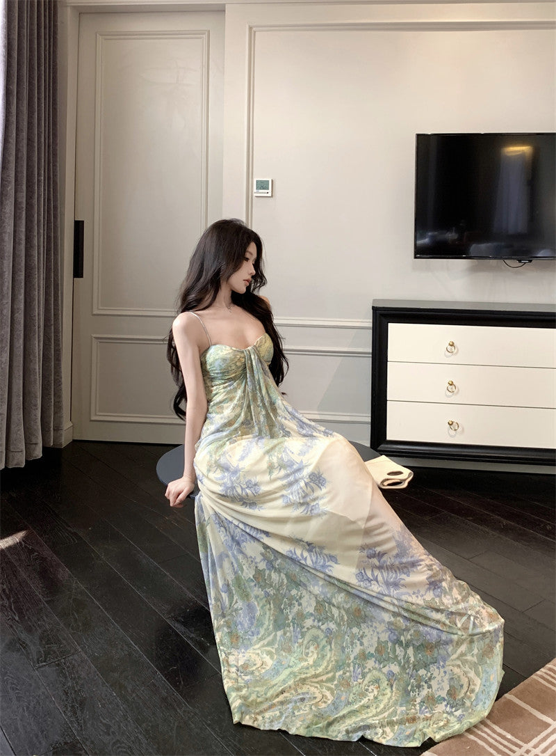 Green floral suspender dress, elegant waist slim beach dress R0670