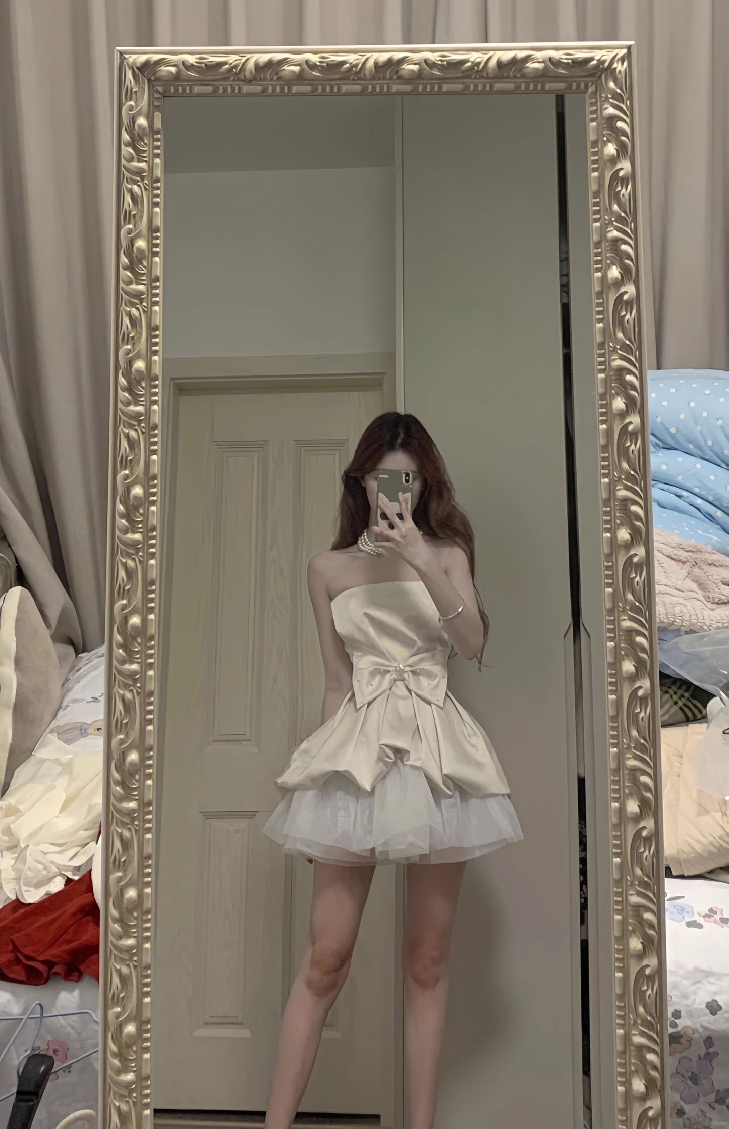 One-shoulder tube top dress gentle temperament waist dress tutu skirt R0527