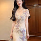 Purple lace patchwork v-neck short-sleeved dress with slim waist and hip skirt R0523
