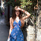 V-neck blue floral suspender dress shows figure and waist A-line short skirt R0522