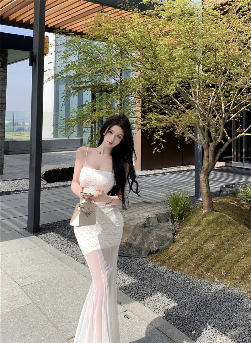 White lace suspender dress beautiful waist hip skirt R0526