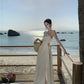 White off-shoulder dress with slits for a beach holiday, slimming suspender beach dress R1603