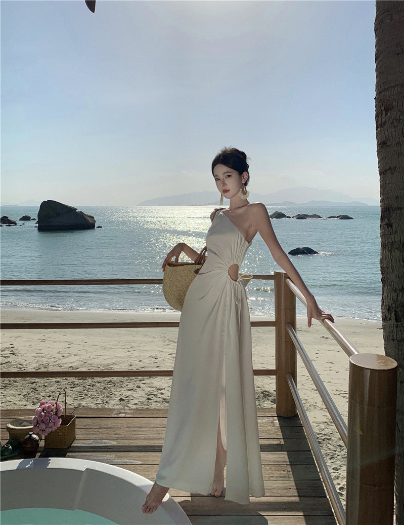 White off-shoulder dress with slits for a beach holiday, slimming suspender beach dress R1603