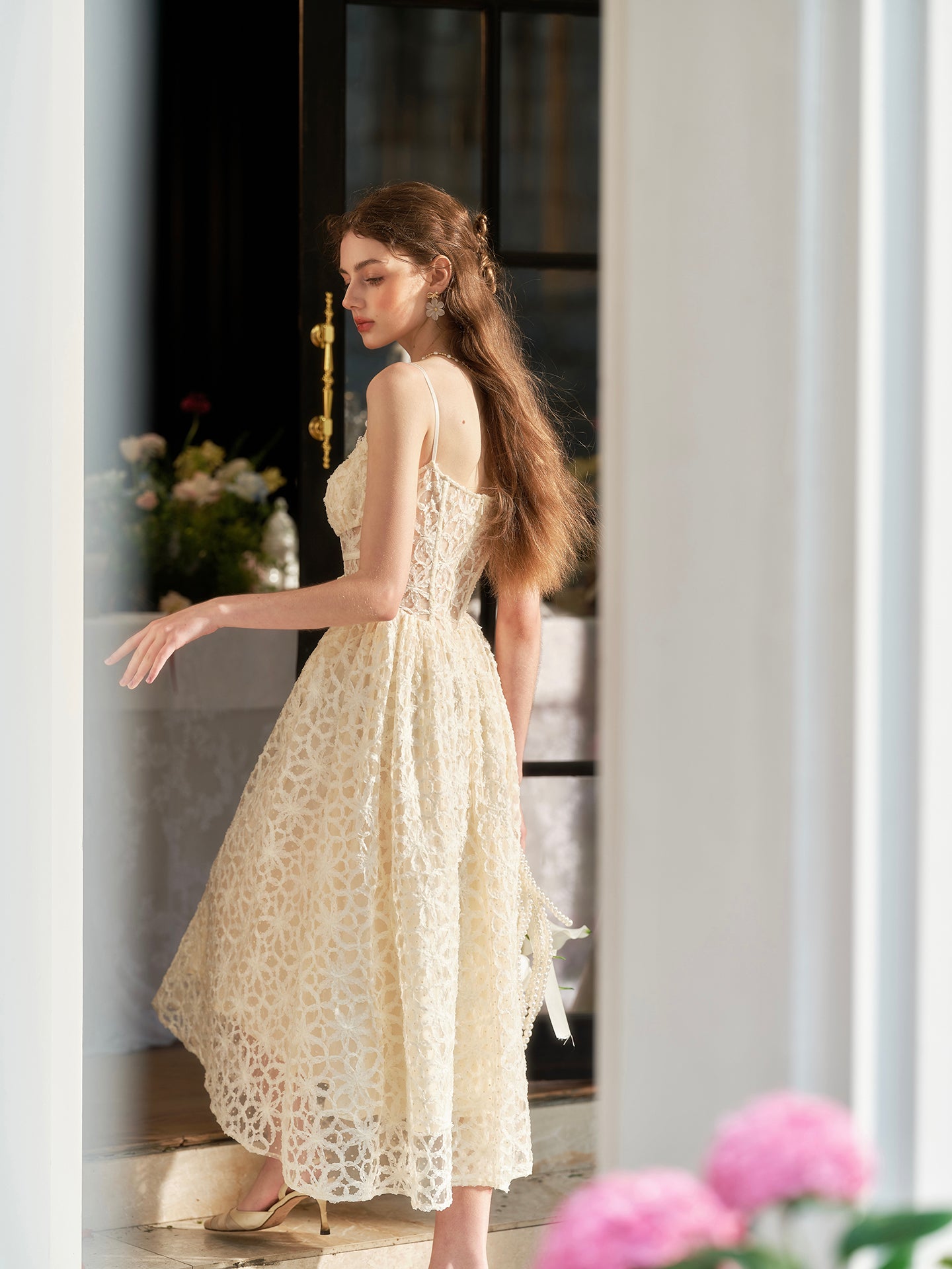 French style little white dress heavy suspenders long fishbone dress summer R5110