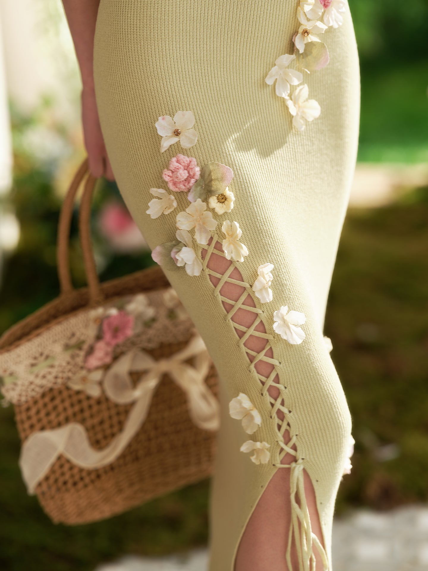 French heavy design flower wool knitted suspenders green slit dress R5112