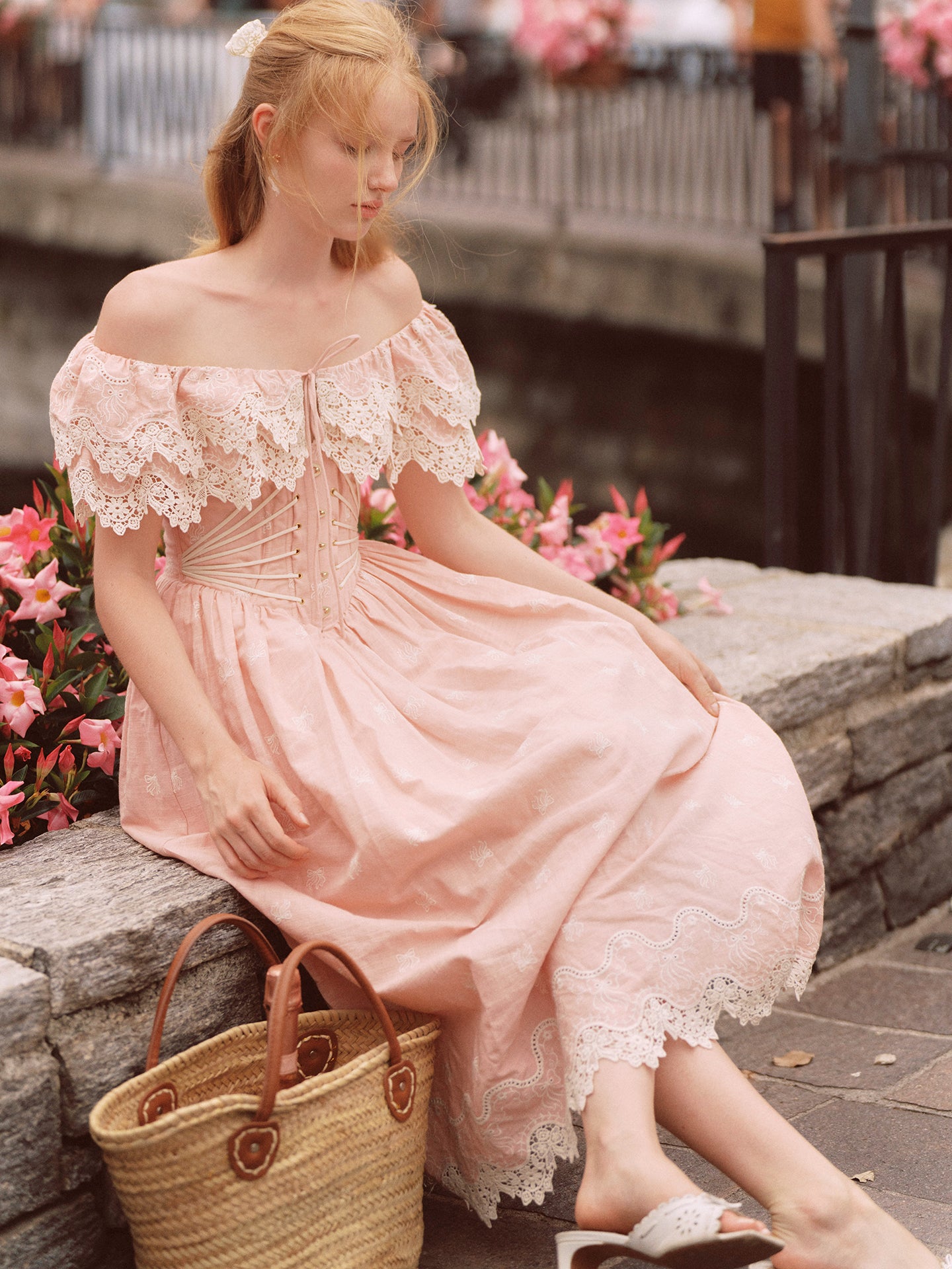 Pink Champagne French Embroidered Fishbone Dress Pink Hollow One Shoulder Maxi Dress R5111