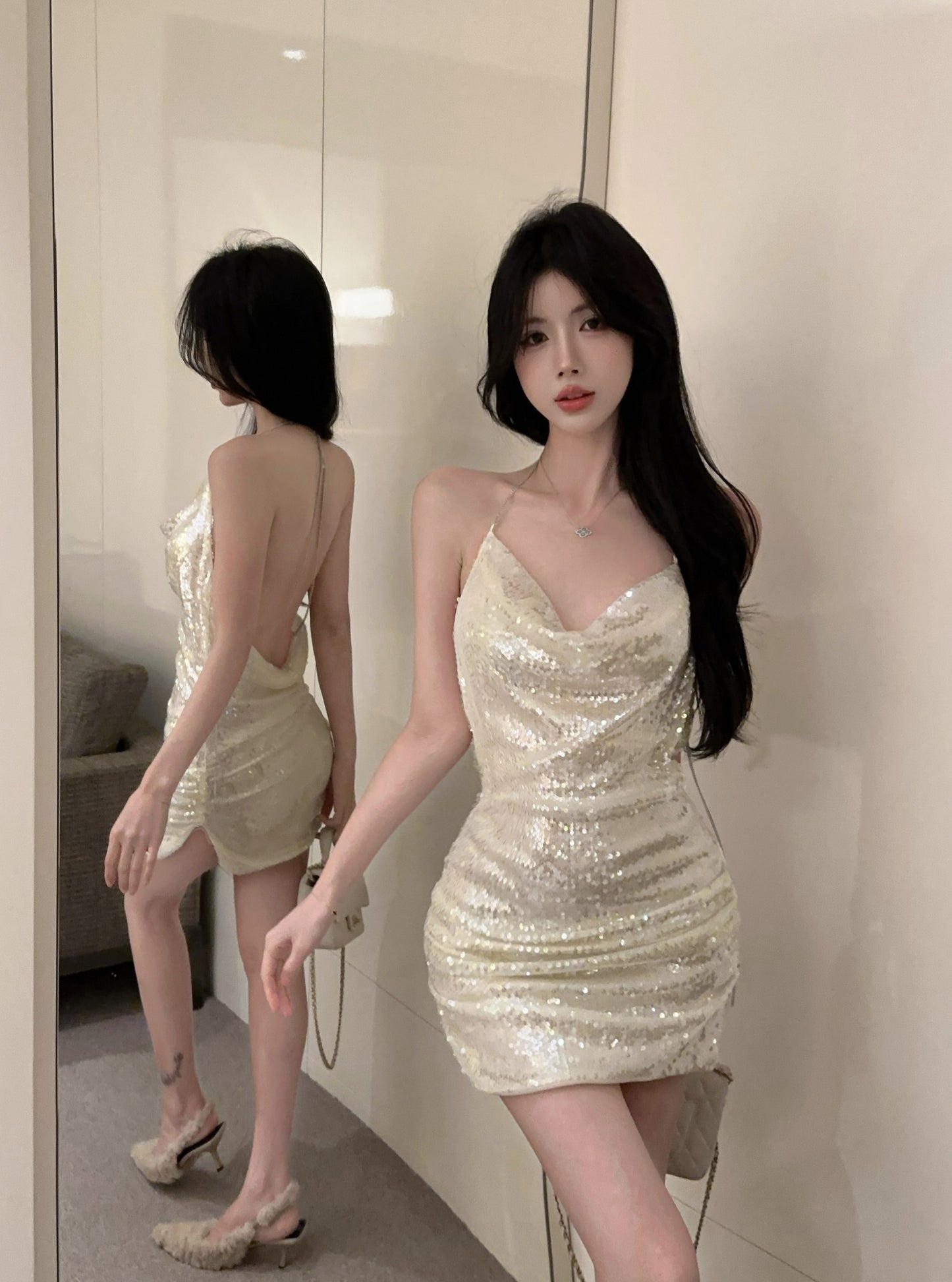 High-end halter neck open back sequined dress sexy high waist temperament slim fit dress R3794