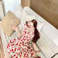 Holiday white retro red floral dress waist summer beautiful small flying sleeves dress R3824